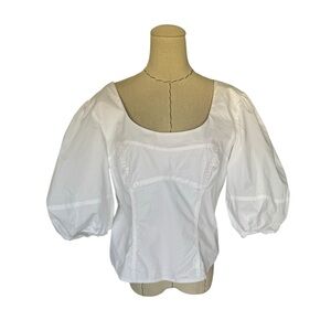 Jonathan Simkhai White Puff Sleeve Cotton Blouse Top Fitted Coquette Large